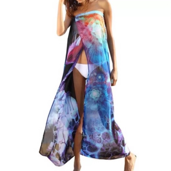LAST 1! Blue Floral Chiffon Swim Cover-Up OS! NEW! - Picture 2 of 9